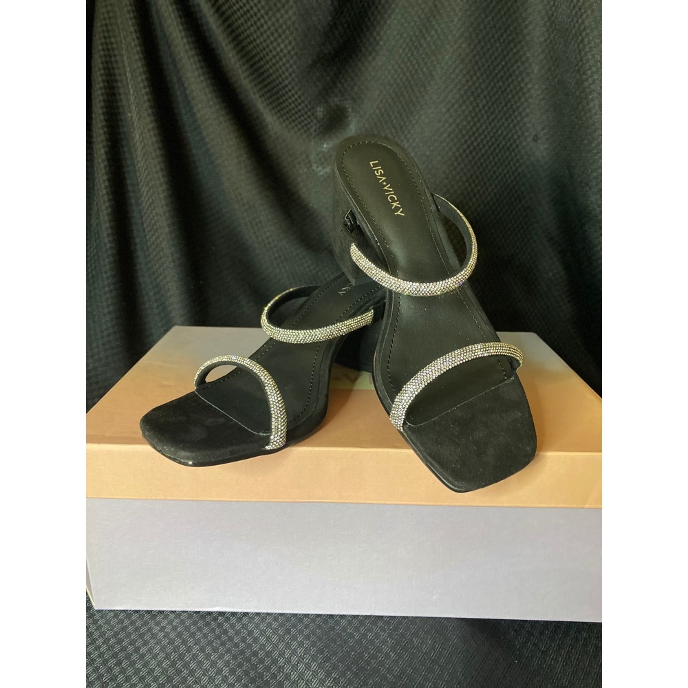 Lisa Vicky Mood-V Black Hotfix Rhinestone Block Heel Sandals Women Size 7M New